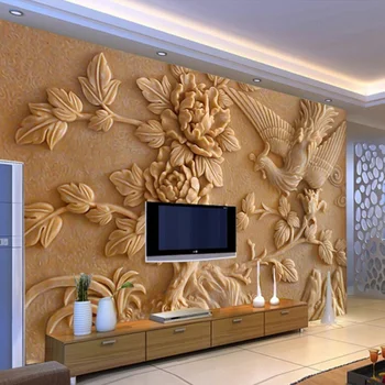 Özel Duvar Duvar Kağıdı Çin Tarzı Oturma Odası TV arka Plan 3D üç boyutlu Kabartma Phoenix Şakayık Duvar kağıtları duvar Kağıdı