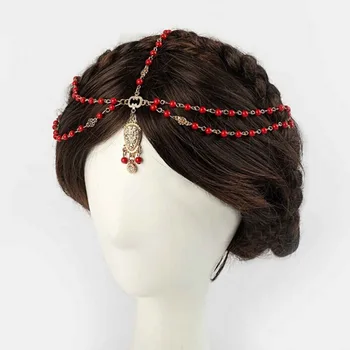 1 adet Hint Boho Beyaz/kırmızı Boncuklu Baş Parça Saç Dekor Saç Bandı Baş Elbise saç Bandı Kadınlar Zincir Saç Baş Takı