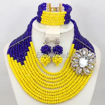 10 Katmanları Afrika Kostüm Takı Sarı Nijeryalı Düğün Kristal Boncuk Takı Royal Mavi Kolye Ücretsiz Kargo AİJ976 Set
