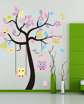 170*160 cm Mavi Pembe baykuş salıncak ağacı Duvar Sticker çocuk odası duvar çıkartmaları