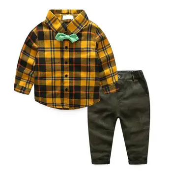 2 adet Erkek Gündelik Giysi Çocuk Ekose Gömlek Tops + Pantolon Kıyafetler Uzun Set Çocuk Çocuk Sıcak Bahar Giyim Kol Seti