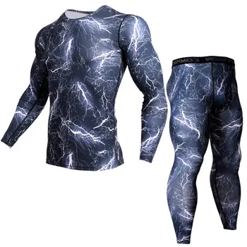 2 adet erkek termal içlik kamuflaj eşofman erkekler MMA Giyim rashgard seti Vücut geliştirme T-Shirt crossfit temel katman