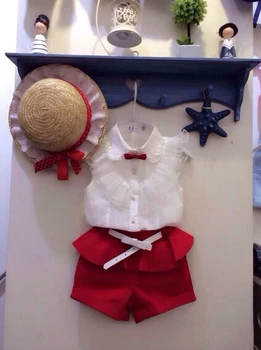 2 adet Set yeni Ücretsiz Nakliye Kız Dantelli Beyaz Top+ Kırmızı Pantolon Giyim Bebek Kız Yaz Elbise Kız Bebek elbise takımı