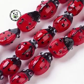 20 İpliklerini el Yapımı Lampwork Boncuk İpliklerini, Uğur Böceği, Kırmızı, 9~10x12~14x5~6 mm, Delik: 1~2mm