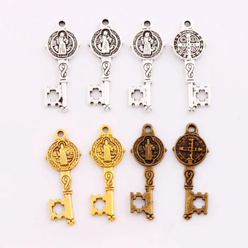 200pcs 12.5x32.L1640 7 mm Antika Gümüş Saint Benedict Madalya Çapraz Anahtar Takılar Kolye Takı DİY
