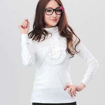 2016 Kore Kış Boğazlı Vintage Çiçek Uzun Kollu Beyaz Dantel Bluz Kadınlar Tops Artı Boyutu XXXXL Dantel Gömlek Kadın Baskılı