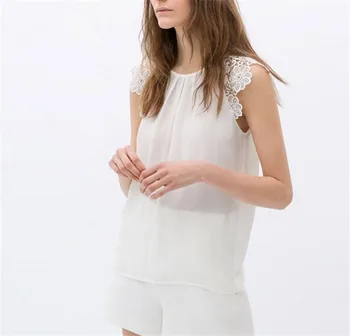 2016 Yaz Yeni Marka Casual Dantel Çiçekli Şifon Kadın Kolsuz Bluz Gömlek Blusas Feminina Artı Boyutu Kadın Giyim