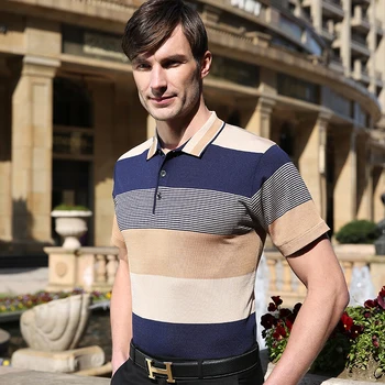 2016 Yeni yaz erkek rahat geniş çizgili kısa kollu t-shirt örme