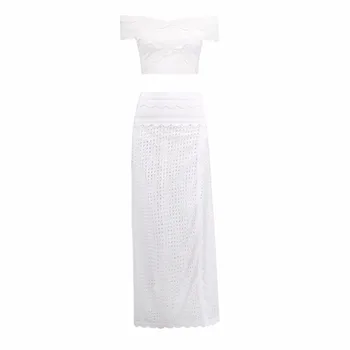 2017 Beyaz Kapalı Omuz Kadınları Çekici 2 Adet Bandaj Elbise Ünlü Parti Elbise Vestidos Yaz Seksi Mesh Hollow Elbise