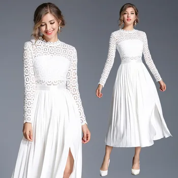 2017 Sonbahar Kadın Dantel Yamalı Pileli Maxi Elbise Vestidos Moda Elbise Slim Uzun Kollu O-boyun Beyaz Akşam Parti Elbise