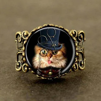 2017 Steampunk Yeni Monocle Kedi aşığı sanat Yüzük Takı Cam kedi Yüzük Kadınlar Erkeklere Hediye