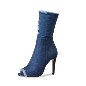 2017 yaz ayakkabı kadın bot mavi kot için ayak bileği çizmeler Sıcak Satış Mavi kot çizmeler yüksek topuklu çizmeler seksi peep-toe kadın Stiletto