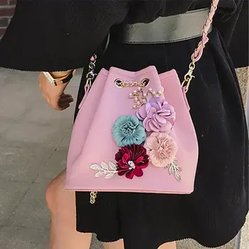 2017 Yaz Moda Yeni Çanta Yüksek kaliteli PU deri Kadın çantası Tatlı bayanlar Omuz çantası Çiçek Vahşi Kova Kadın çanta Zincir