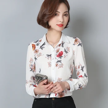 2017 Yeni Moda Rahat Gevşek Baskılı İlkbahar Kadın Bluz Şifon Uzun kollu Kadın Gömlek Artı 30 Şifon Gömlek 812H Boyutu