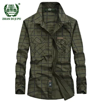 2018 Artı boyutu M-5XL erkek sonbahar casual marka %100 pamuk army uzun kollu haki ekose gömlek erkek bahar satılmaya hazır jeep mavi ızgara gömlek