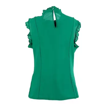 2018 Kadınlar Fırfır Yaka İnce T Stand-Shirt Bayan Rahat Dantel Kolsuz Gömlek Bayanlar Tee Yeşil/Beyaz şifon Üstleri
