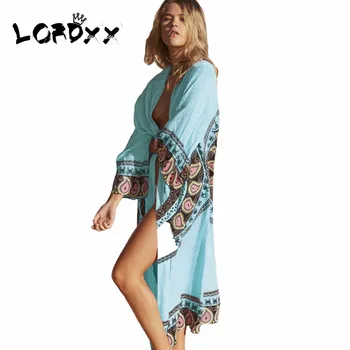 2018 LORDXX Plaj elbise Kadınların Yeni Yaz Aqua Mandala Long Beach Kimono kollu Zarif Baskı Casual hırka elbise Batwing