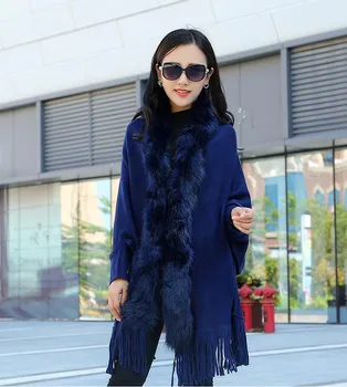 2018 Sonbahar Kış Pelerin ve Pançolar Moda Faux Kürk Yaka Kaşmir Kazak Kadın Örme Hırka Panço s1150 Kadın