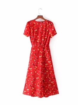 2018 Yaz Elbise-elbise Kadın vintage Elbiseler Kısa Kollu V-boyun Çiçek Papyon Kuşak Çapraz Tasarım Elbise Boho Seks Vstidos C