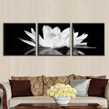3 Adet/Modern Duvar Resimleri Modüler resmi olan Siyah Duvar Sanat Resim (Çerçevesiz)Tuval Baskı Çiçek Beyaz Lotus set
