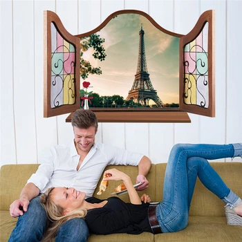 3D Kıta Avrupası pencere görünümü Romantik Fransız Eyfel Kulesi Kırmızı Gül ev dekorasyonu Duvar sticker sahne düğün yatak odası çıkartmaları