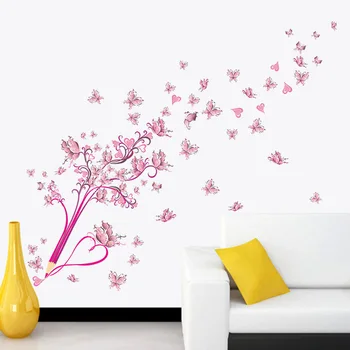 * 3D PVC diy Pembe çiçek kelebek ve kalem duvar çıkartmaları ev dekorasyonu Oturma Odası, Yatak Odası, Vinil afiş Noel hediye için
