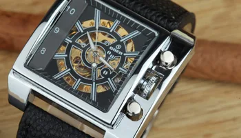 48 MM Büyük Boy Kare Erkek Casual Saatler İskelet Otomatik Analog Kol saati Deri Sportif Tasarımcı Markası 3ATM NW3212 Relojes