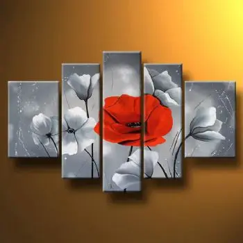 5 adet El Tuval Sanat Duvar Dekor-Çiçek Yağlıboya Duvar Sanatı Nazik Lilyum Kırmızı Haşhaş II-Modern Yağlıboya Resim Boyalı