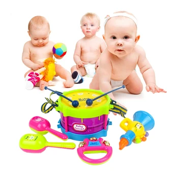5 adet Çocuk Oyuncakları Plastik Rulo Trompet Cabasa Handbell Müzik Aletleri Bant Seti Çocuk Oyuncak Bebek Hediye Seti Davul