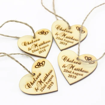 50pcs Kazınmış Kişiselleştirilmiş Ahşap Jüt Şerit Dekorasyonu İle Aşk Kalp Düğün İyilik Etiketler Hediye Etiket, Oje Etiket 4cm 4*İyilik