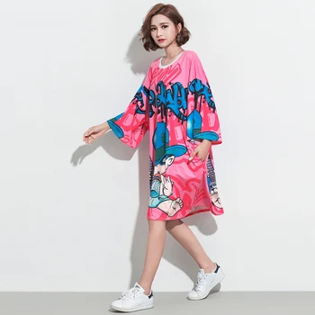 5XL Harajuku Tarzı 2018 Sonbahar Kısa Kollu Rahat Elbise Kadın Giyim Artı Boyutu Karikatür Baskı T Shirt Pamuk Vestidos Elbise