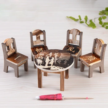 6 adet Peri Ahşap Masa Sandalye Şemsiye Dollhouse Bahçe Ev Süsleme Dekor NB0229 Minyatür