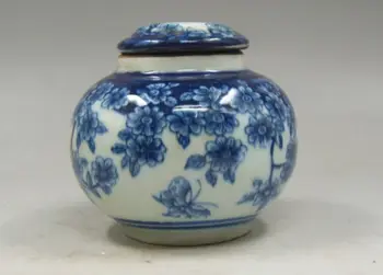 6 Çin eski El boyama çiçek mavi ve beyaz porselen Çay caddy pot
