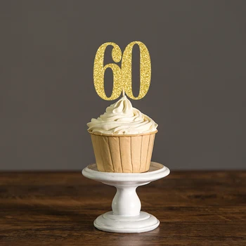60 Parti Dekor Altmış yıl Dönümü Süslemeleri için 60 Doğum günü Altın/Gümüş/Siyah Glitter Kek Düzelticiler Aksesuar Malzemeleri Pasta