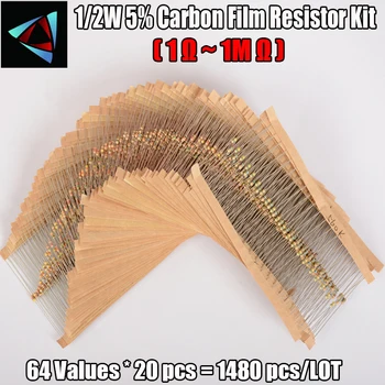 64 değerler 1280pcs 1 ohm - 10 ohm 1/% W 5 Karbon Film Dirençler ürün Yelpazesine Kiti