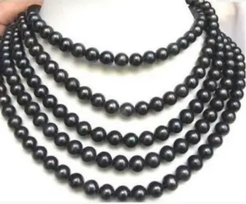 7 moda-8mm siyah akoya kadınlar kızlar bayanlar hediyeler Mücevher inci kolye 84inch Halat zincir Kabuk toka Aksesuarları Kültürlü