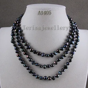 8 AA Terisa Pearljewelry Mükemmel Uzun İnci Takı Siyah Renk-9MM Gerçek İnci Kolye Moda Bayan Parti Hediye