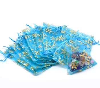 8SEASONS gök mavisi Noel kar Tanesi Drawable Organze Düğün Hediye Çanta&Torbalar 12x9cm,100 paket başına satılan