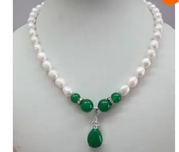 9 güzel İnce 11 Doğal Güney deniz Gerçek Beyaz İnci Kolye, yeşil taş kolye 17inch Asalet Kadının takı Kız hediye