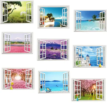9 Stilleri Pencere Manzara Plaj Görünümü Duvar Çıkartmaları Ev Dekorasyonu Oturma Odası Pvc Duvar 3d Etkisi Duvar Sanat Diy Posterleri Çıkartmaları