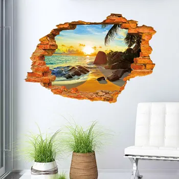 90 60 Çocuk Odası İçin yaratıcı Ev Dekorasyonu 3D Duvar Sticker Kırık Duvar Tarzı Tropikal Sunset Beach Desen*CM