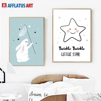 AFFLATUS Tavşan Bulut Yıldız Nordic Poster Tuval Boyama Duvar Sanatı Posterler Ve Baskılar Duvar Resimleri İskandinav Stili Çocuk Dekorasyon
