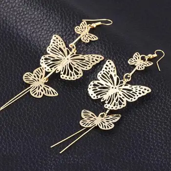 Alaşım Çift İçi Boş Çiçek Takı Yay Yeni Moda Altın Gümüş Kelebek 2016 Uzun Püskül Küpe Brincos Compridos Küpe