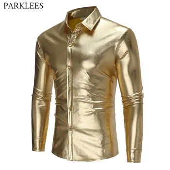 Altın Aşağı Gömlek Elbise Metalik Desenli Gömlek Erkek 2017 Gece Kulübü Giyim Gömlek Slim Fit Kombinezon Homme Rahat Düğme Kaplamalı