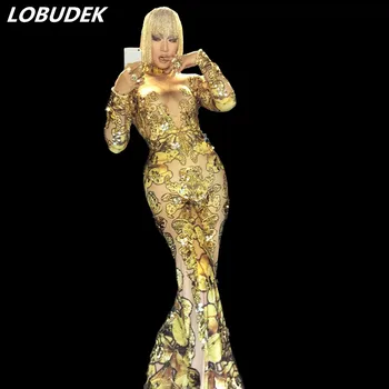 Altın sarısı Parlayan Kristaller Parlayan Elmas seksi Tulum Tulum kadın şarkıcı Balo stage Kutlama Partisi Kostüm kostüm