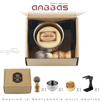 Anbbas Berber Tıraş Fırçası Porsuk Saç+Siyah Akrilik+kase+Sabun Seti Standı