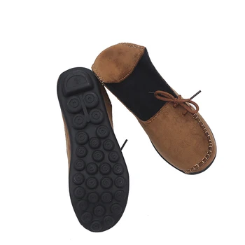 Aphixta deri ayakkabı Kadın Daire Topuk deri Ayakkabı Kadın 2018 Bahar Yuvarlak Ayakkabı 44 Artı Boyutu Casual Kayma Kadın Bayan Ayakkabı Ayak