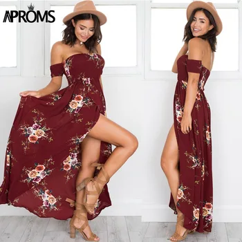Aproms Askısız Boho Baskı Elbise Kadın Seksi Kapalı Omuz Şifon Uzun Maxi Plaj Sundress Artı Boyutu Vestidos de bulunan Elbiseler