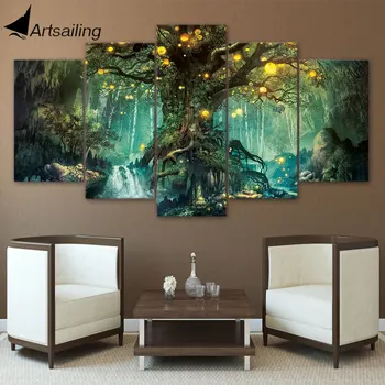 ArtSailing HD Oturma Odası Ev Dekorasyonu NY için Duvar Resimleri 7632B 5 Parça Kanvas Sanat Büyülü Ağaç Manzara Baskılı