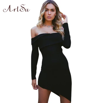 ArtSu Kadın Sonbahar Kış İnce Bodycon 2017 Vestidos ASDR30183 Seksi Çizgi Boyun Düzensiz Elbise Uzun Kollu Örme Elbise